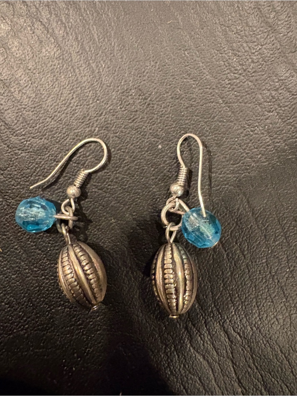 Silver-Tone Beaded Dangle Earrings with Blue Crystal Accent